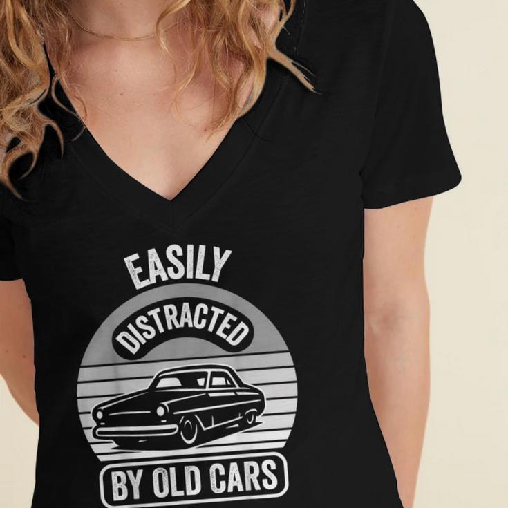 Easily Distracted By Old Cars Graphic Nostalgia Women's Jersey Short Sleeve Deep V-Neck Tshirt