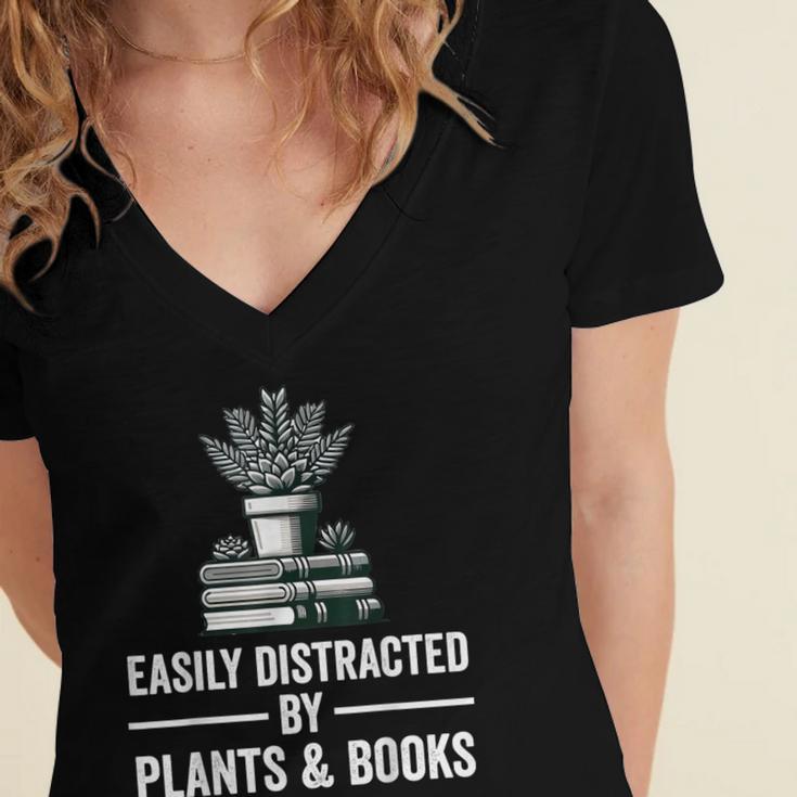 Easily Distracted By Plants & Books Plant Book Lover Women's Jersey Short Sleeve Deep V-Neck Tshirt