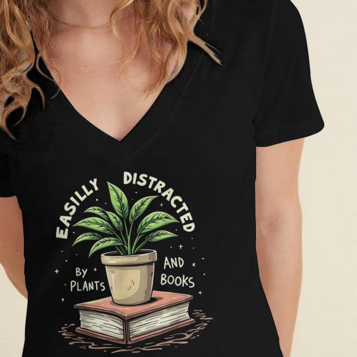 Easily Distracted By Plants And Books Women's Jersey Short Sleeve Deep V-Neck Tshirt