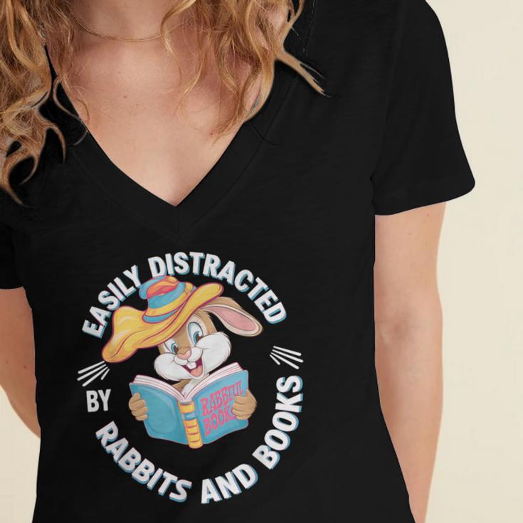 Easily Distracted By Rabbits And Books Reading Women's Jersey Short Sleeve Deep V-Neck Tshirt