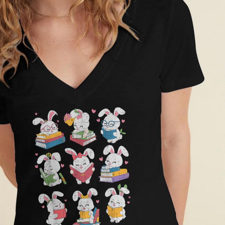 Easter Teacher Cute Bunny Reding Books Librarian Bookworm Women's Jersey Short Sleeve Deep V-Neck Tshirt Easter Teacher Cute Bunny Reding Books Librarian Bookworm Women's Jersey Short Sleeve Deep V-Neck Tshirt