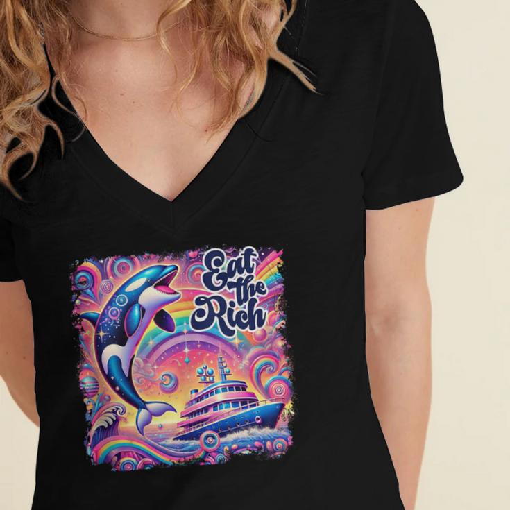 EAT THE RICH 90S NOSTALGIA WHALE ORCA YAHCT RETRO Women's Jersey Short Sleeve Deep V-Neck Tshirt