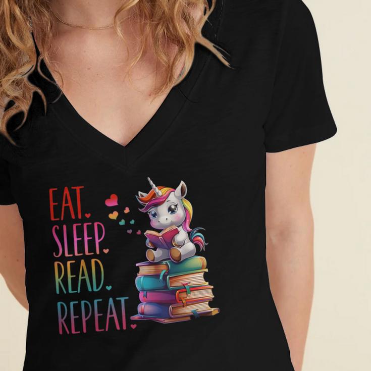 Eat Sleep Read Repeat Unicorn Read Book Reading Lovers Kids Women's Jersey Short Sleeve Deep V-Neck Tshirt