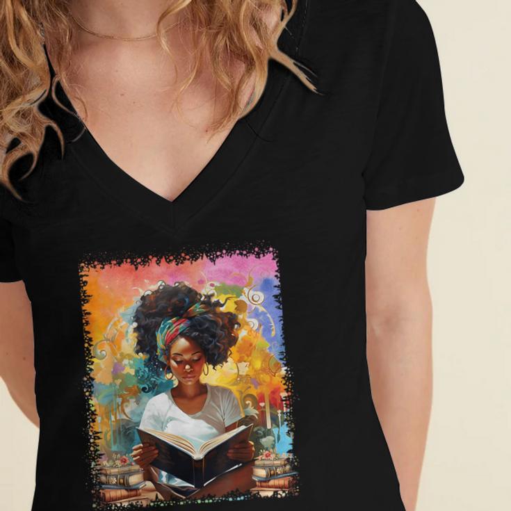 Educated Afro Girl Reading Book Lover History Month Women's Jersey Short Sleeve Deep V-Neck Tshirt