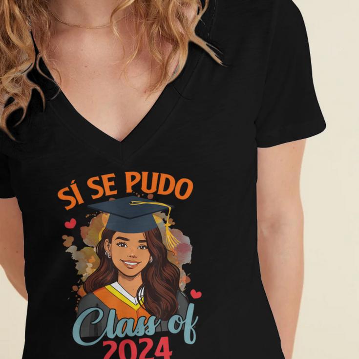 Educated Latina Graduation Day Grad Si Se Pudo Class Of 2024 Women's Jersey Short Sleeve Deep V-Neck Tshirt