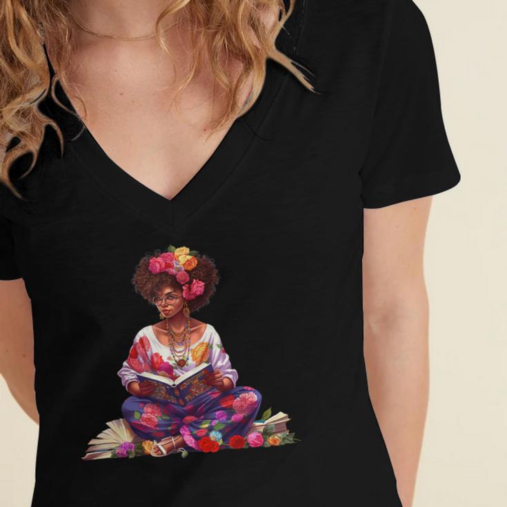 Educated Melanin Queen Afro Women Reading Book History Women's Jersey Short Sleeve Deep V-Neck Tshirt