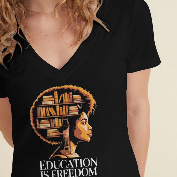Education Is Freedom Afro Woman Book Illustration Women's Jersey Short Sleeve Deep V-Neck Tshirt Education Is Freedom Afro Woman Book Illustration Women's Jersey Short Sleeve Deep V-Neck Tshirt
