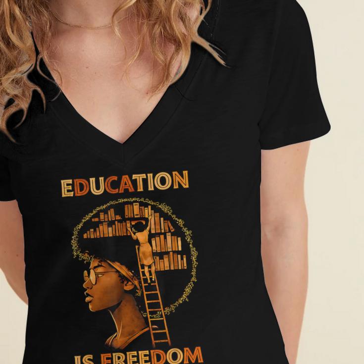 Education Is Freedom Teacher Book Black History Month Women's Jersey Short Sleeve Deep V-Neck Tshirt
