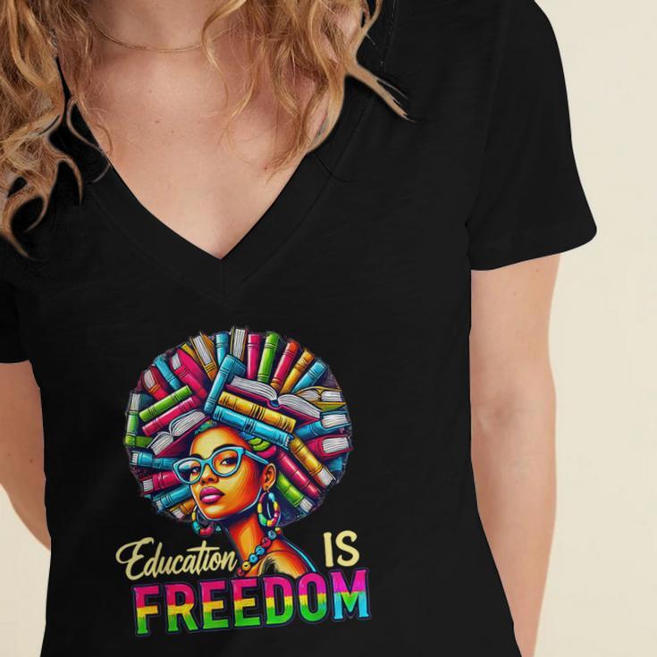 Education Freedom Teacher Books Black History Month Women's Jersey Short Sleeve Deep V-Neck Tshirt Education Freedom Teacher Books Black History Month Women's Jersey Short Sleeve Deep V-Neck Tshirt