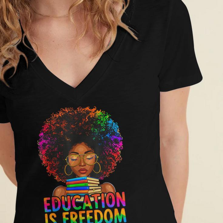 Education Is Freedom Teacher Books History Month Women's Jersey Short Sleeve Deep V-Neck Tshirt