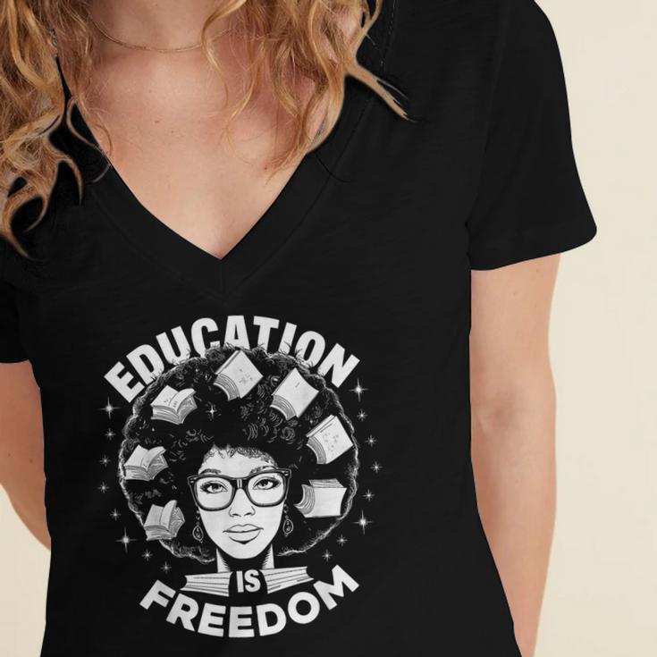 Education Is Freedom History Books African Pride Women Women's Jersey Short Sleeve Deep V-Neck Tshirt