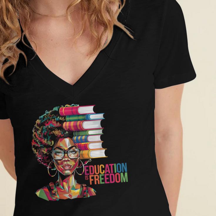 Education Is Freedom History Month Teacher Books Afro Women's Jersey Short Sleeve Deep V-Neck Tshirt Education Is Freedom History Month Teacher Books Afro Women's Jersey Short Sleeve Deep V-Neck Tshirt