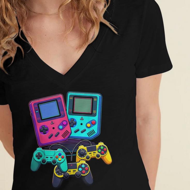 Eighties Console Controller Gaming Player Gadget Nostalgia Women's Jersey Short Sleeve Deep V-Neck Tshirt Eighties Console Controller Gaming Player Gadget Nostalgia Women's Jersey Short Sleeve Deep V-Neck Tshirt