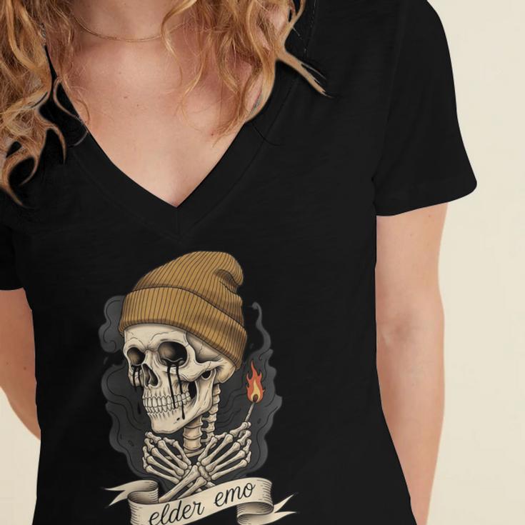 Elder Emo Skeleton Beanie Nostalgia Scene Aesthetic Women's Jersey Short Sleeve Deep V-Neck Tshirt Elder Emo Skeleton Beanie Nostalgia Scene Aesthetic Women's Jersey Short Sleeve Deep V-Neck Tshirt