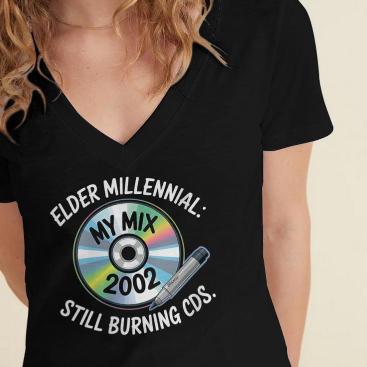Elder Millennials Embracing 90s CDs Nostalgia Vibes Women's Jersey Short Sleeve Deep V-Neck Tshirt Elder Millennials Embracing 90s CDs Nostalgia Vibes Women's Jersey Short Sleeve Deep V-Neck Tshirt