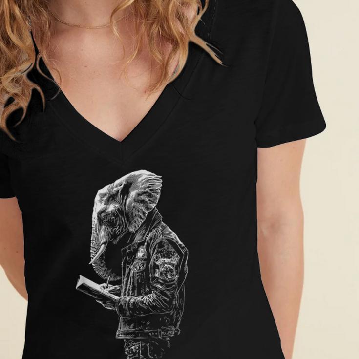 Elephant Holds Book Wriing Motif Animal Artwork Elephant Women's Jersey Short Sleeve Deep V-Neck Tshirt Elephant Holds Book Wriing Motif Animal Artwork Elephant Women's Jersey Short Sleeve Deep V-Neck Tshirt