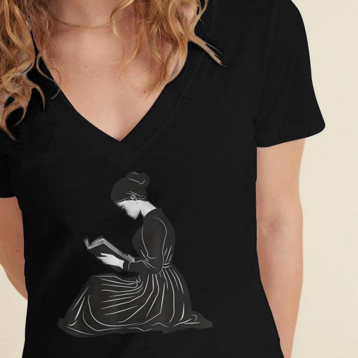 Emily Dickinson Reading A Book Women's Jersey Short Sleeve Deep V-Neck Tshirt