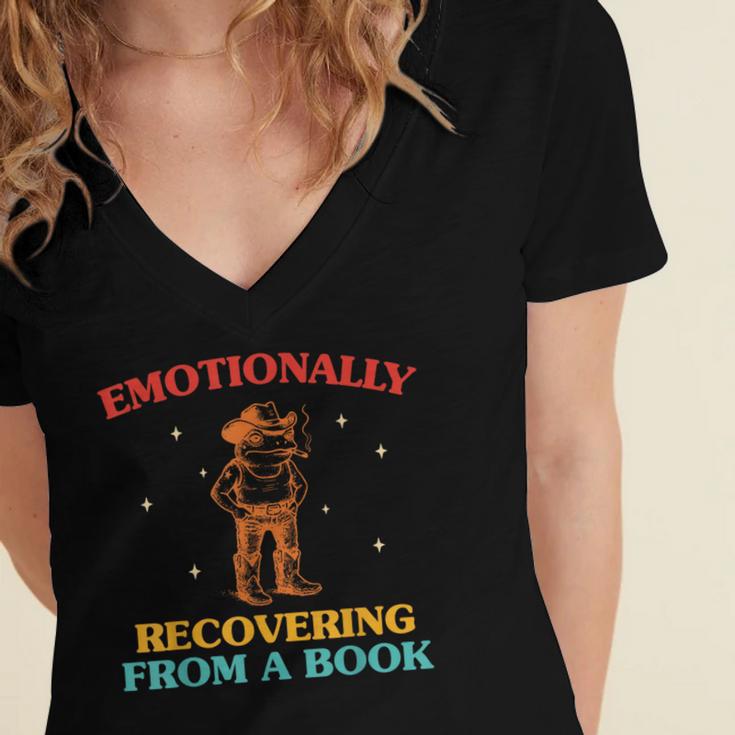 Emotionally Recovering From A Book Frog Women's Jersey Short Sleeve Deep V-Neck Tshirt Emotionally Recovering From A Book Frog Women's Jersey Short Sleeve Deep V-Neck Tshirt