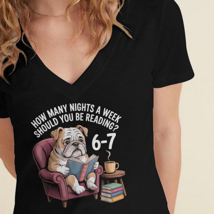 English Bulldog Dog Reading Book 67 Six Seven Meme Women's Jersey Short Sleeve Deep V-Neck Tshirt