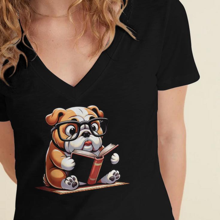 English Bulldog Reading a Book Dog For Men Women Girls Kids Women's Jersey Short Sleeve Deep V-Neck Tshirt English Bulldog Reading a Book Dog For Men Women Girls Kids Women's Jersey Short Sleeve Deep V-Neck Tshirt