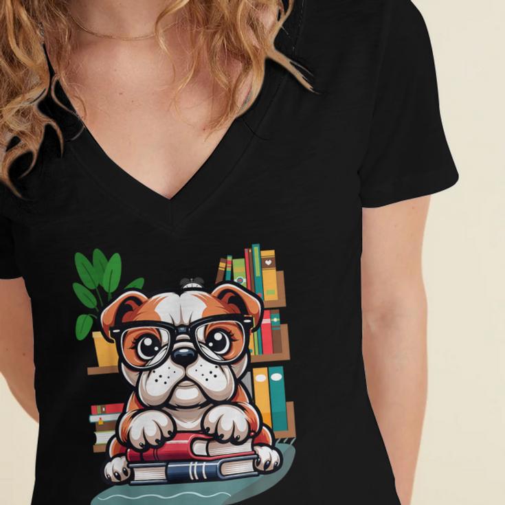English Bulldog Reading a Book Dog Women's Jersey Short Sleeve Deep V-Neck Tshirt