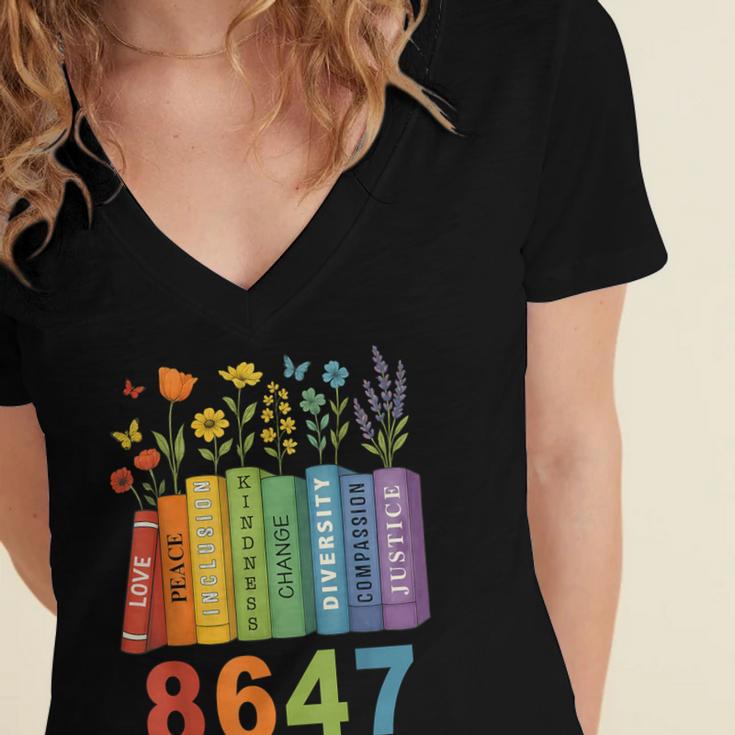 Equal Rights Book Flower Resist 86 47 Feminist Women Rights Women's Jersey Short Sleeve Deep V-Neck Tshirt