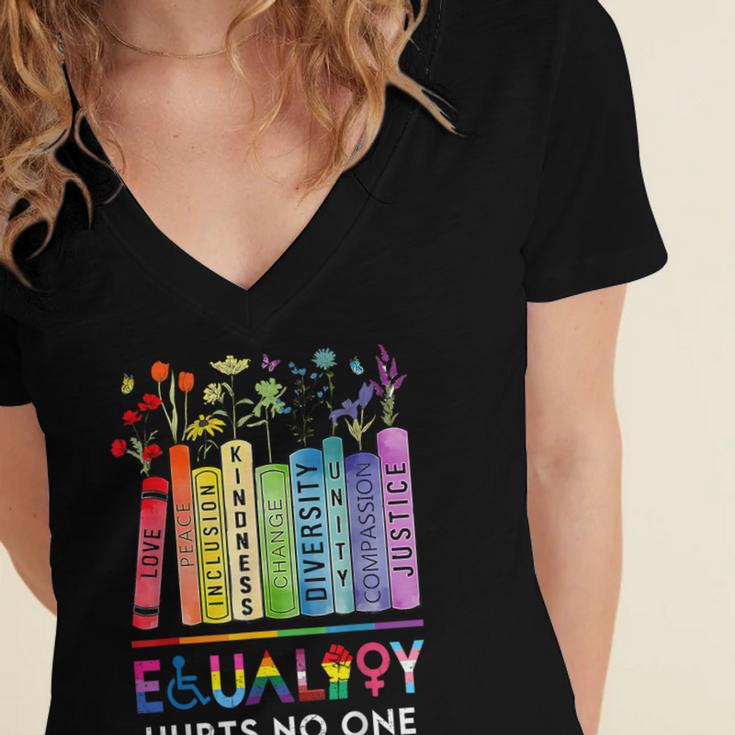 Equality Hurts No One Book Flower Rainbow Pride Month LGBTQ Women's Jersey Short Sleeve Deep V-Neck Tshirt