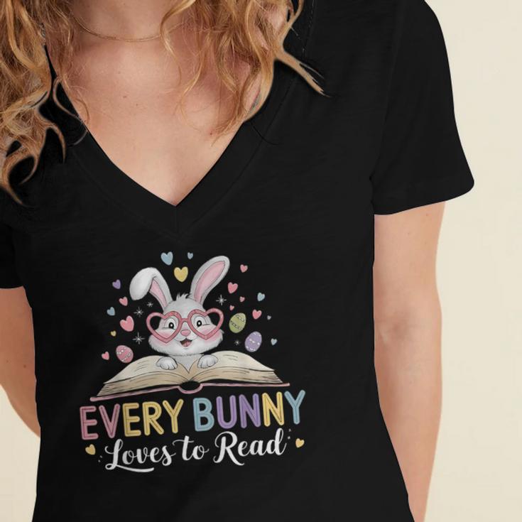 Every Bunny Loves To Read Book Lover Bookworm Rabbit Easter Women's Jersey Short Sleeve Deep V-Neck Tshirt Every Bunny Loves To Read Book Lover Bookworm Rabbit Easter Women's Jersey Short Sleeve Deep V-Neck Tshirt