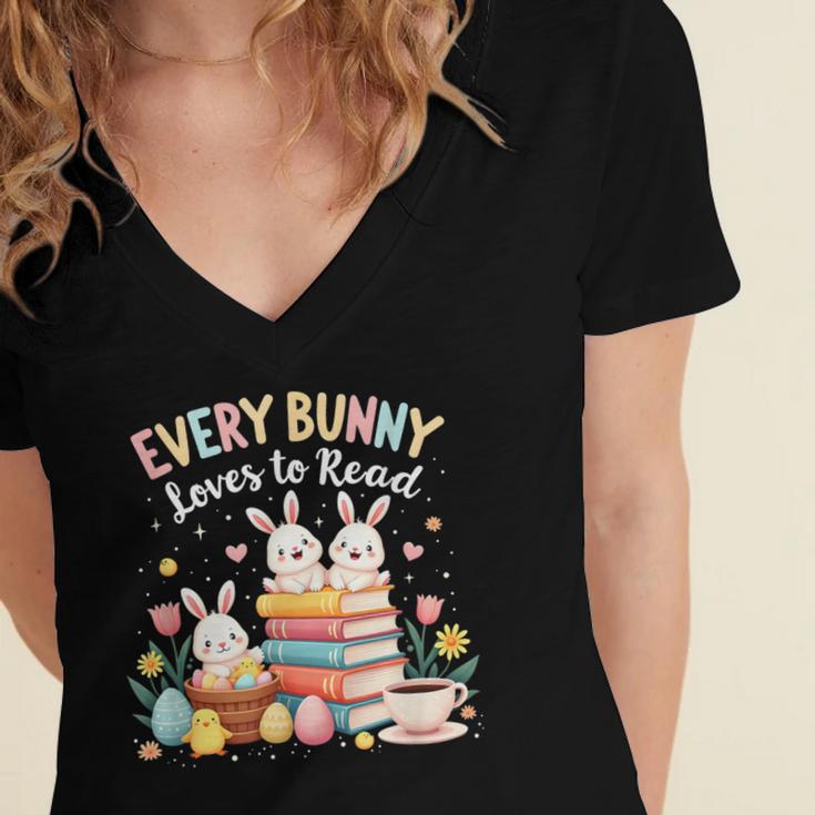 Every Bunny Loves To Read Book Lover Easter Day Apparel Women's Jersey Short Sleeve Deep V-Neck Tshirt Every Bunny Loves To Read Book Lover Easter Day Apparel Women's Jersey Short Sleeve Deep V-Neck Tshirt