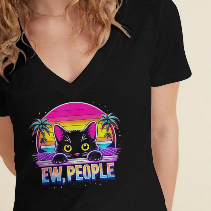 Ew Cat Misanthrope Introvert Synthwave 80s Women's Jersey Short Sleeve Deep V-Neck Tshirt Ew Cat Misanthrope Introvert Synthwave 80s Women's Jersey Short Sleeve Deep V-Neck Tshirt