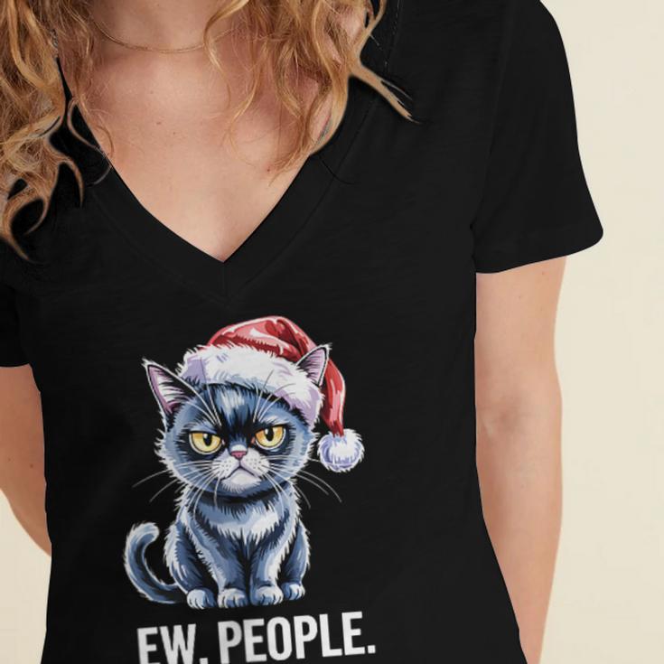 Ew People Christmas Cat Santa Hat Dad Introvert Women's Jersey Short Sleeve Deep V-Neck Tshirt