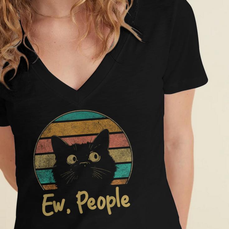 Ew People Retro Cat Lover Social Introvert Women's Jersey Short Sleeve Deep V-Neck Tshirt