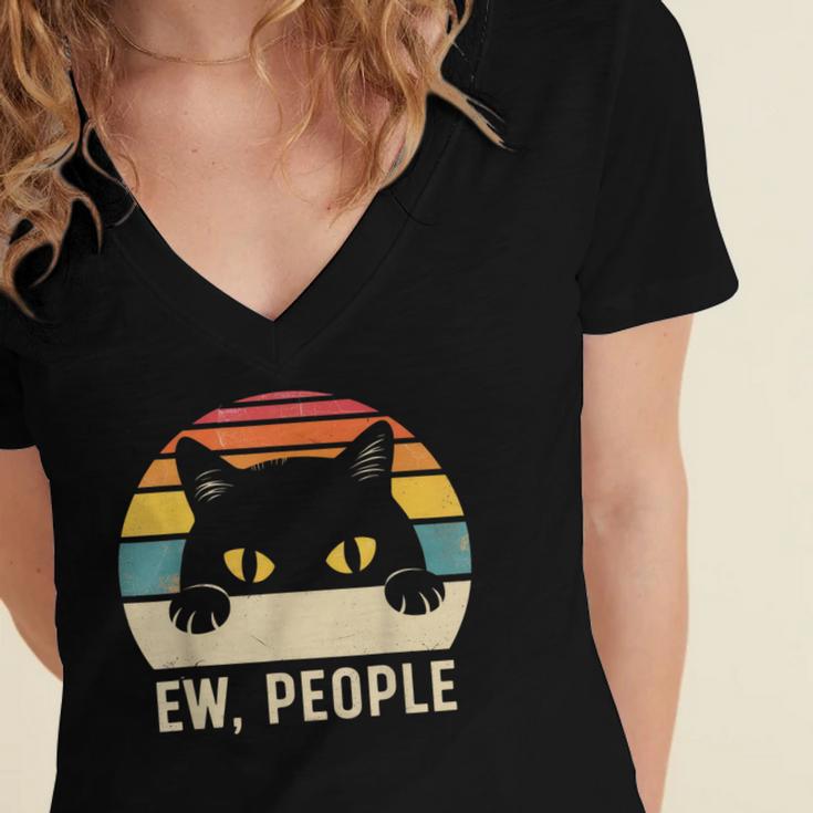 Ew People Retro Cat Vintage Anti-Social Introvert Women's Jersey Short Sleeve Deep V-Neck Tshirt