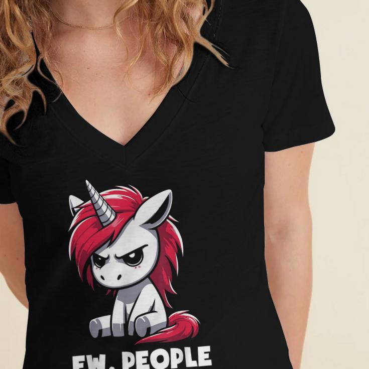 Ew People Unicorn Sarcastic Humor Introvert Women's Jersey Short Sleeve Deep V-Neck Tshirt