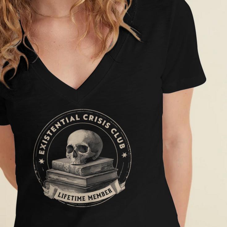 Existential Crisis Club Lifetime Member Skull And Books Women's Jersey Short Sleeve Deep V-Neck Tshirt