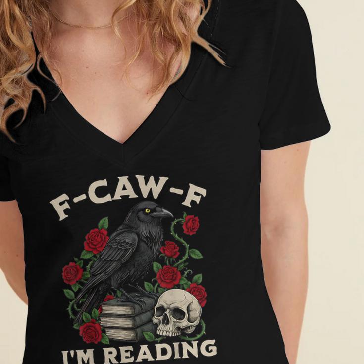 F-CAW-F I'm Reading Crow Book Lover Introvert Meme Women's Jersey Short Sleeve Deep V-Neck Tshirt