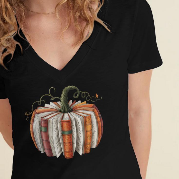 Fall Book Pumpkin Halloween Teacher Librarian Thanksgiving Women's Jersey Short Sleeve Deep V-Neck Tshirt