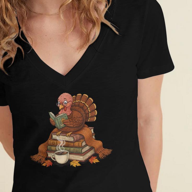 Fall Book Vintage Turkey Thanksgiving Reading Book Lovers Women's Jersey Short Sleeve Deep V-Neck Tshirt Fall Book Vintage Turkey Thanksgiving Reading Book Lovers Women's Jersey Short Sleeve Deep V-Neck Tshirt