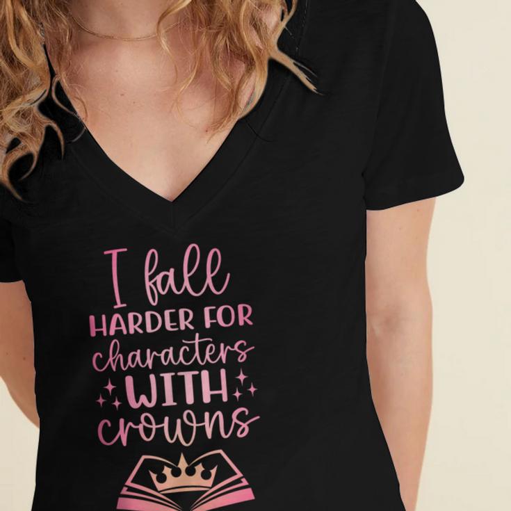 I Fall For The Characters WCrowns Fantasy Book Lover Tee Women's Jersey Short Sleeve Deep V-Neck Tshirt