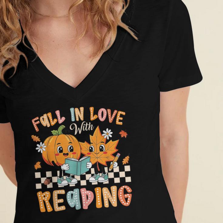 Fall In Love With Reading Thanksgiving Pumpkin Book Lover Women's Jersey Short Sleeve Deep V-Neck Tshirt Fall In Love With Reading Thanksgiving Pumpkin Book Lover Women's Jersey Short Sleeve Deep V-Neck Tshirt