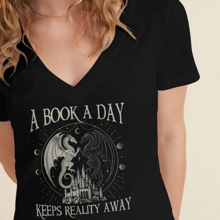 Fantasy Book Club Dragon Reader Book A Day Keep Reality Away Women's Jersey Short Sleeve Deep V-Neck Tshirt