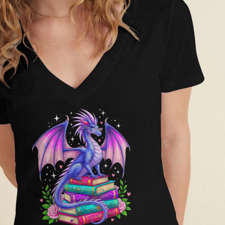 Fantasy Dragon Reading Books Bookworm Women's Jersey Short Sleeve Deep V-Neck Tshirt Fantasy Dragon Reading Books Bookworm Women's Jersey Short Sleeve Deep V-Neck Tshirt