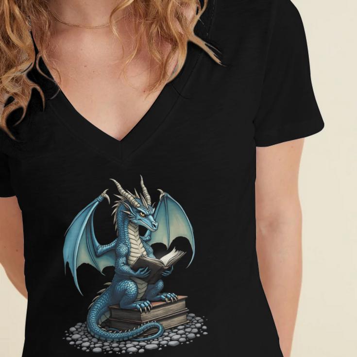 Fantasy Dragon Reading Magical Book Lover Halloween Vibes Women's Jersey Short Sleeve Deep V-Neck Tshirt Fantasy Dragon Reading Magical Book Lover Halloween Vibes Women's Jersey Short Sleeve Deep V-Neck Tshirt