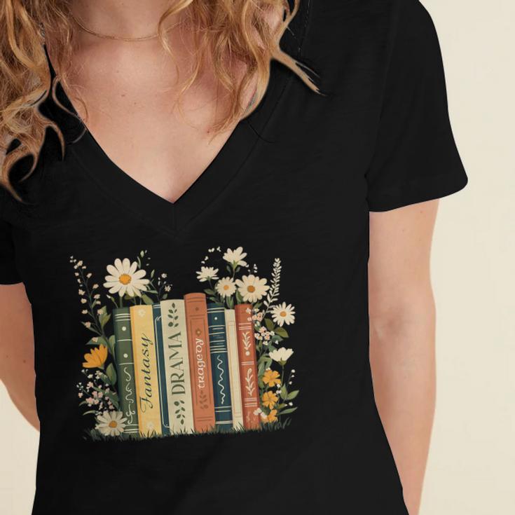 Fantasy Drama Tragedy Book Floral Subtle Women's Jersey Short Sleeve Deep V-Neck Tshirt