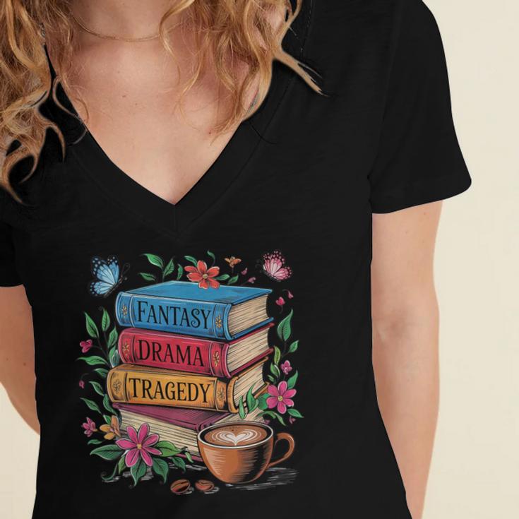 Fantasy Drama Tragedy Books Subtle Reader Librarian Flower Women's Jersey Short Sleeve Deep V-Neck Tshirt