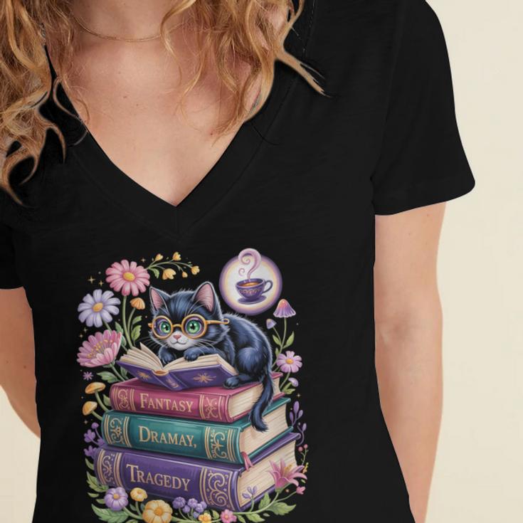 Fantasy Drama Tragedy Cute Cat Book Lover Readers Librarians Women's Jersey Short Sleeve Deep V-Neck Tshirt Fantasy Drama Tragedy Cute Cat Book Lover Readers Librarians Women's Jersey Short Sleeve Deep V-Neck Tshirt