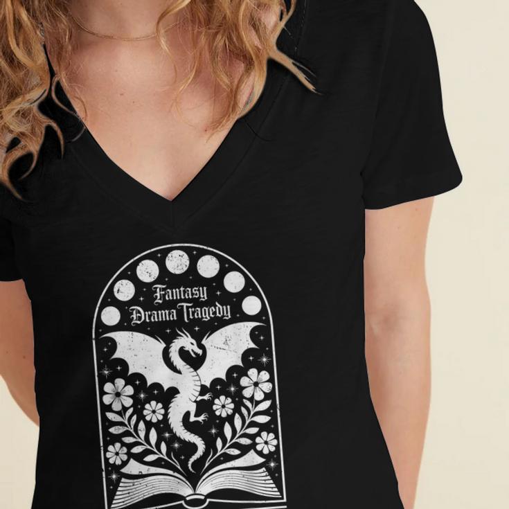 Fantasy Drama Tragedy Dragon Book Magic Gothic Moon Phases Women's Jersey Short Sleeve Deep V-Neck Tshirt Fantasy Drama Tragedy Dragon Book Magic Gothic Moon Phases Women's Jersey Short Sleeve Deep V-Neck Tshirt