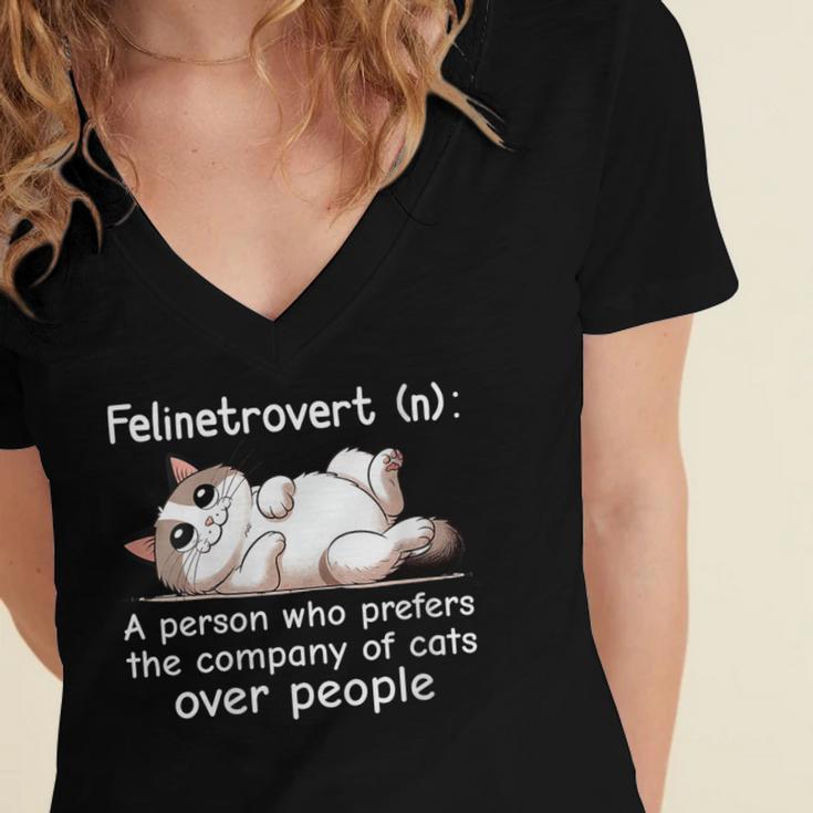 Felinetrovert Definition Cat Lover Introvert Humor Cats Women's Jersey Short Sleeve Deep V-Neck Tshirt