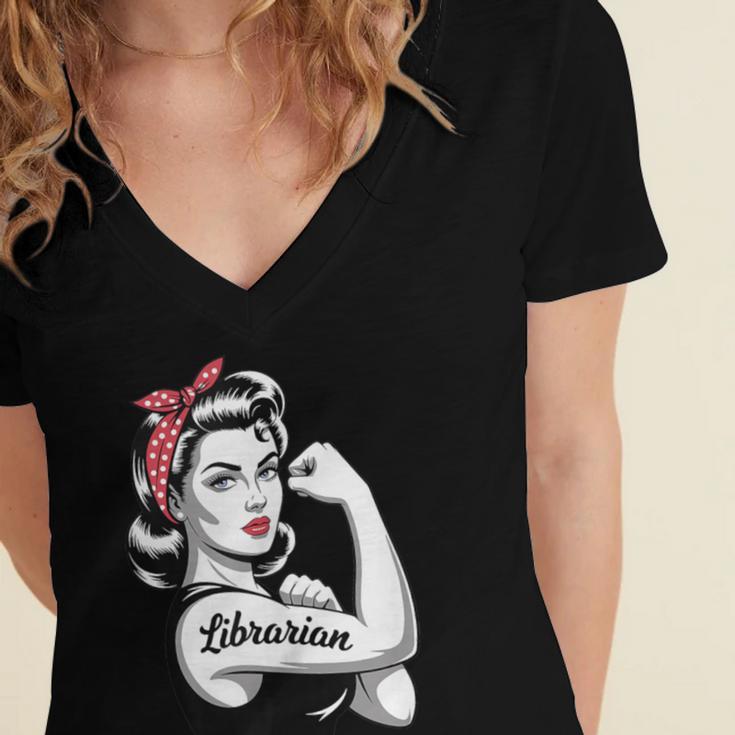 Female Librarian Rosie Riveter Book Guardian Woman Women's Jersey Short Sleeve Deep V-Neck Tshirt