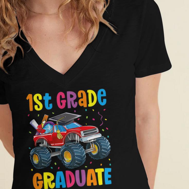 First Grade Graduation Monster Truck 1st Grade Graduate Women's Jersey Short Sleeve Deep V-Neck Tshirt